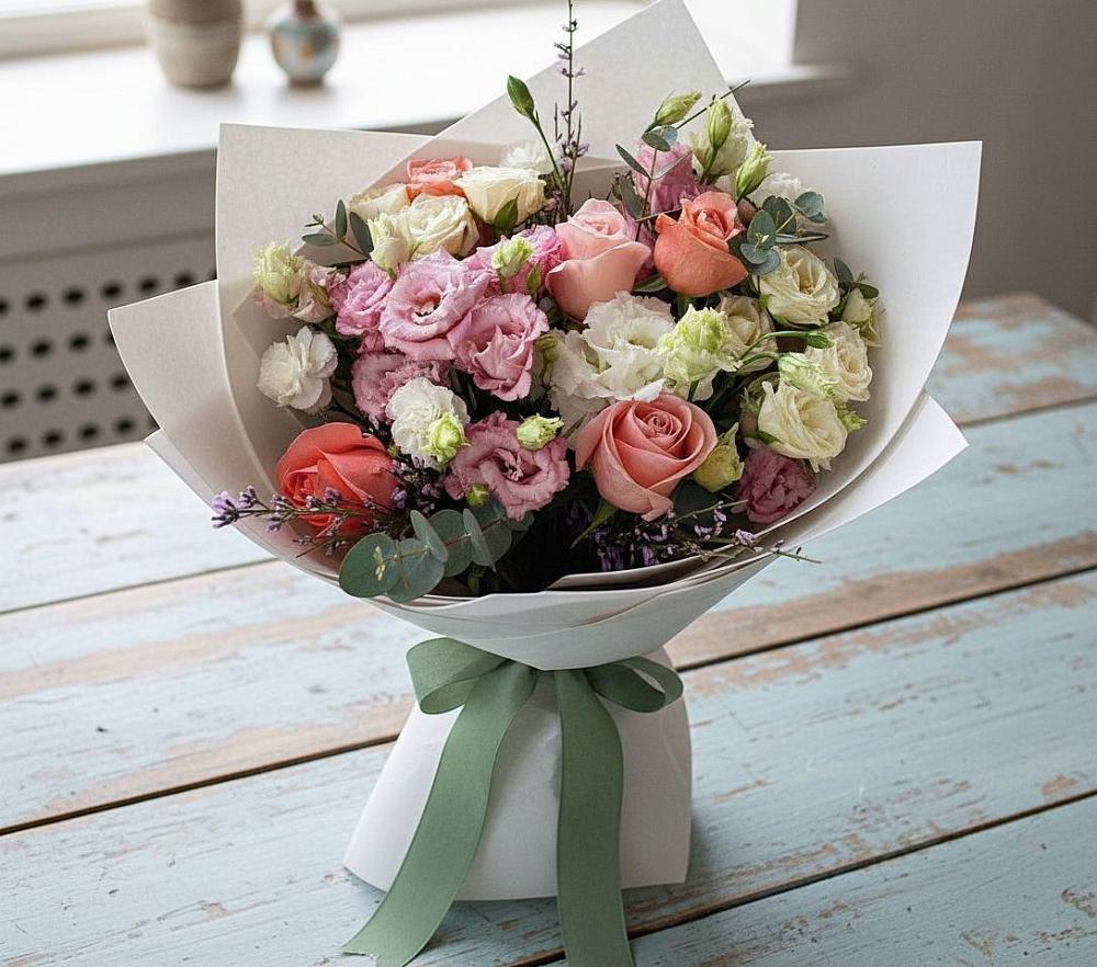 Букет цветов из: Розы, Лизиантусы и Гвоздики в Мезени