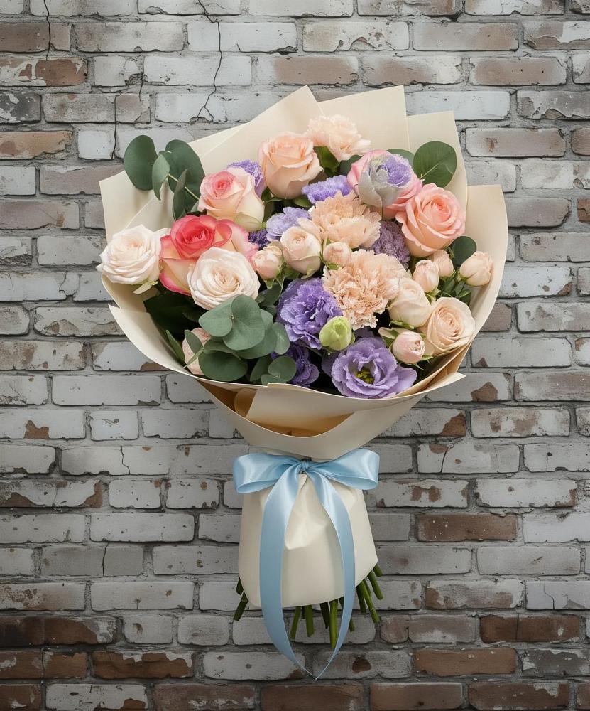 Букет цветов из: Розы, Лизиантусы и Гвоздики в Мезени