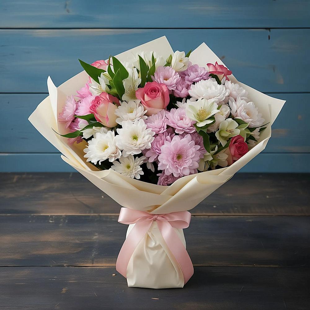 Букет цветов из: Хризантемы, Альстромерии и Розы в Мезени